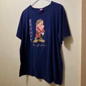 Vintage Y2K Disney Grumpy 7 Dwarfs Womens Blue Glitter Graphic T-Shirt Size L/XL